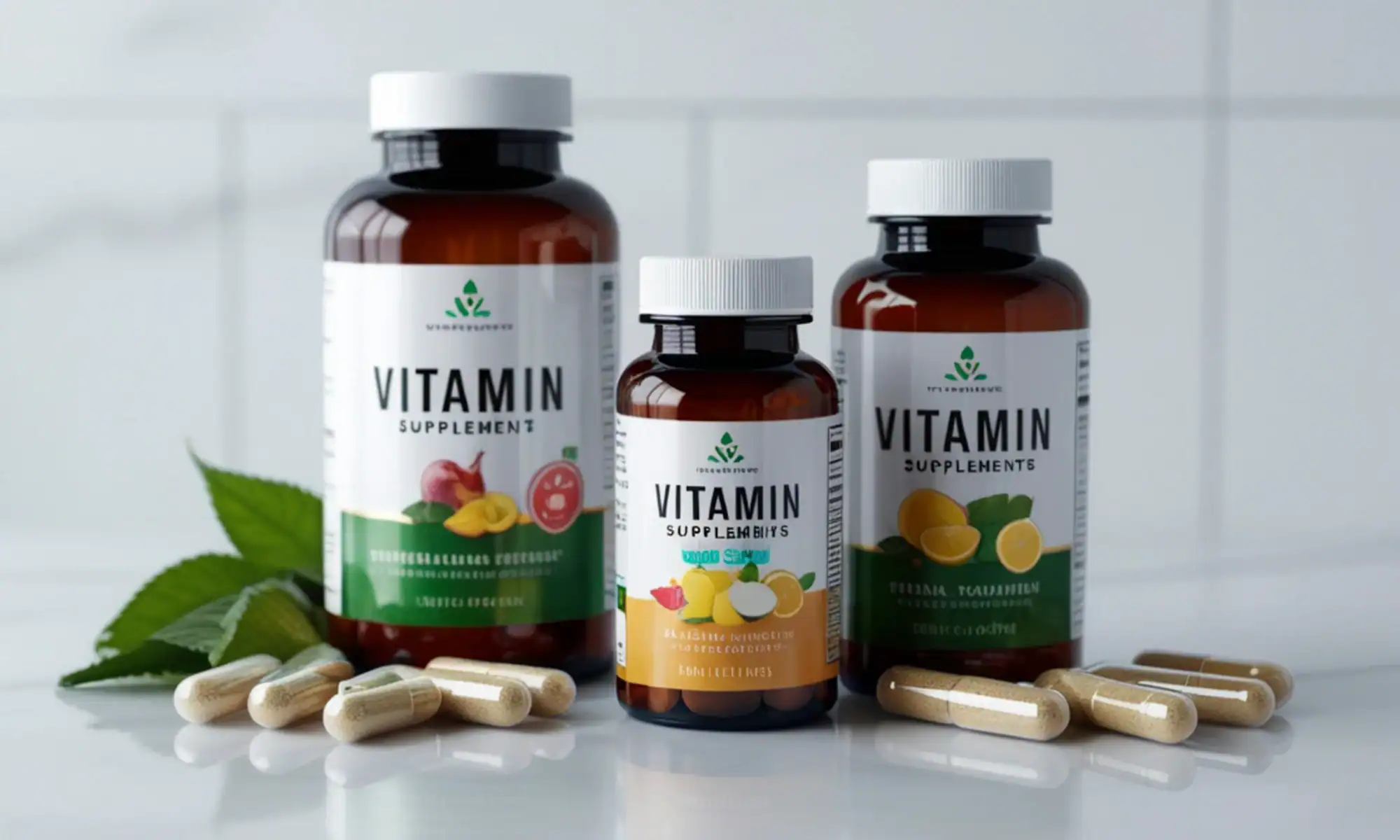 Three brown supplement bottles labeled "VITAMIN SUPPLEMENT" displayed with capsules scattered on a white surface beside green leaves suggesting nutritional support often included in weight loss services in Tulsa.